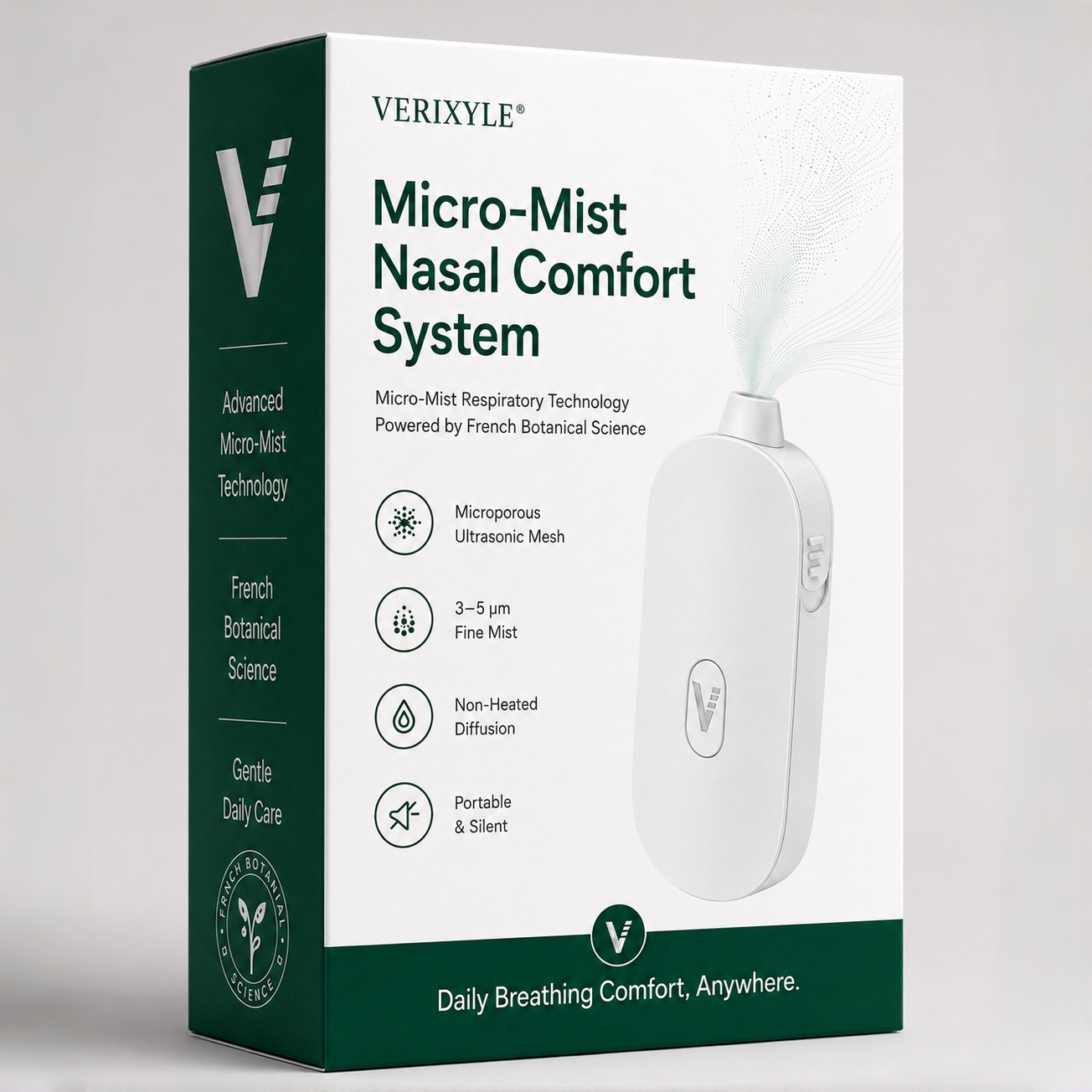 VERIXYLE® Micro-Mist Nasal Comfort System  A soft 3–5μm micro-mist routine for stuffy, dry, or sensitive noses during pollen season, poor air days, and everyday life.
