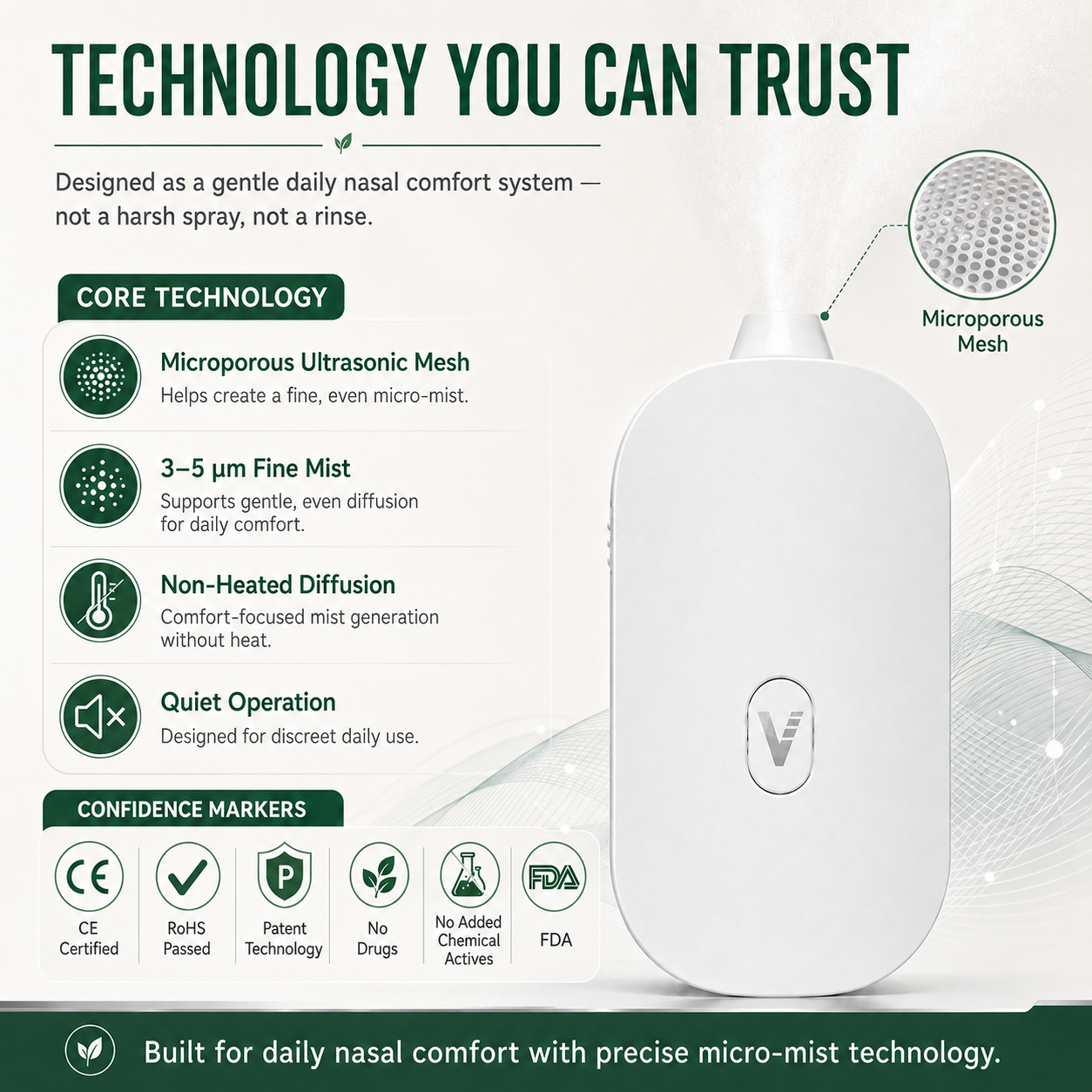 VERIXYLE® Micro-Mist Nasal Comfort System  A soft 3–5μm micro-mist routine for stuffy, dry, or sensitive noses during pollen season, poor air days, and everyday life.