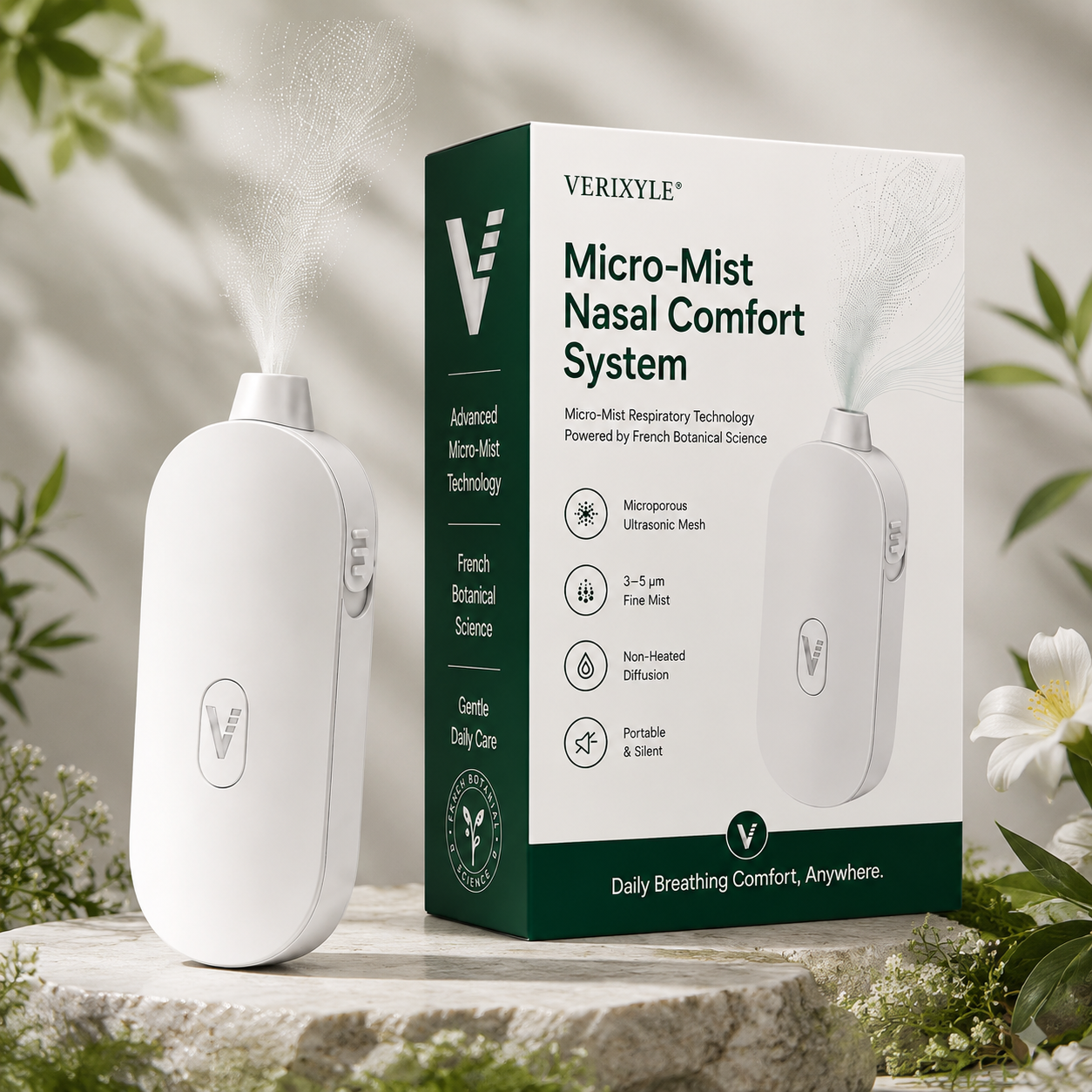 VERIXYLE® French Herbal Nasal Mist Device | Rapid 15-minute relief for nasal congestion, dryness, and itching; portable cold-mist care device for seasonal rhinitis and allergies.