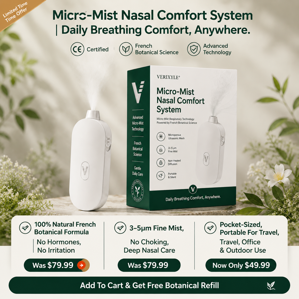 VERIXYLE® French Herbal Nasal Mist Device | Rapid 15-minute relief for nasal congestion, dryness, and itching; portable cold-mist care device for seasonal rhinitis and allergies.