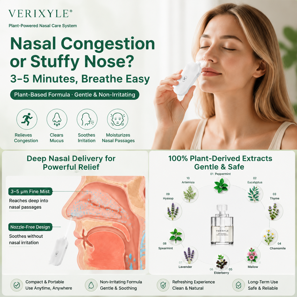 VERIXYLE® French Herbal Nasal Mist Device | Rapid 15-minute relief for nasal congestion, dryness, and itching; portable cold-mist care device for seasonal rhinitis and allergies.