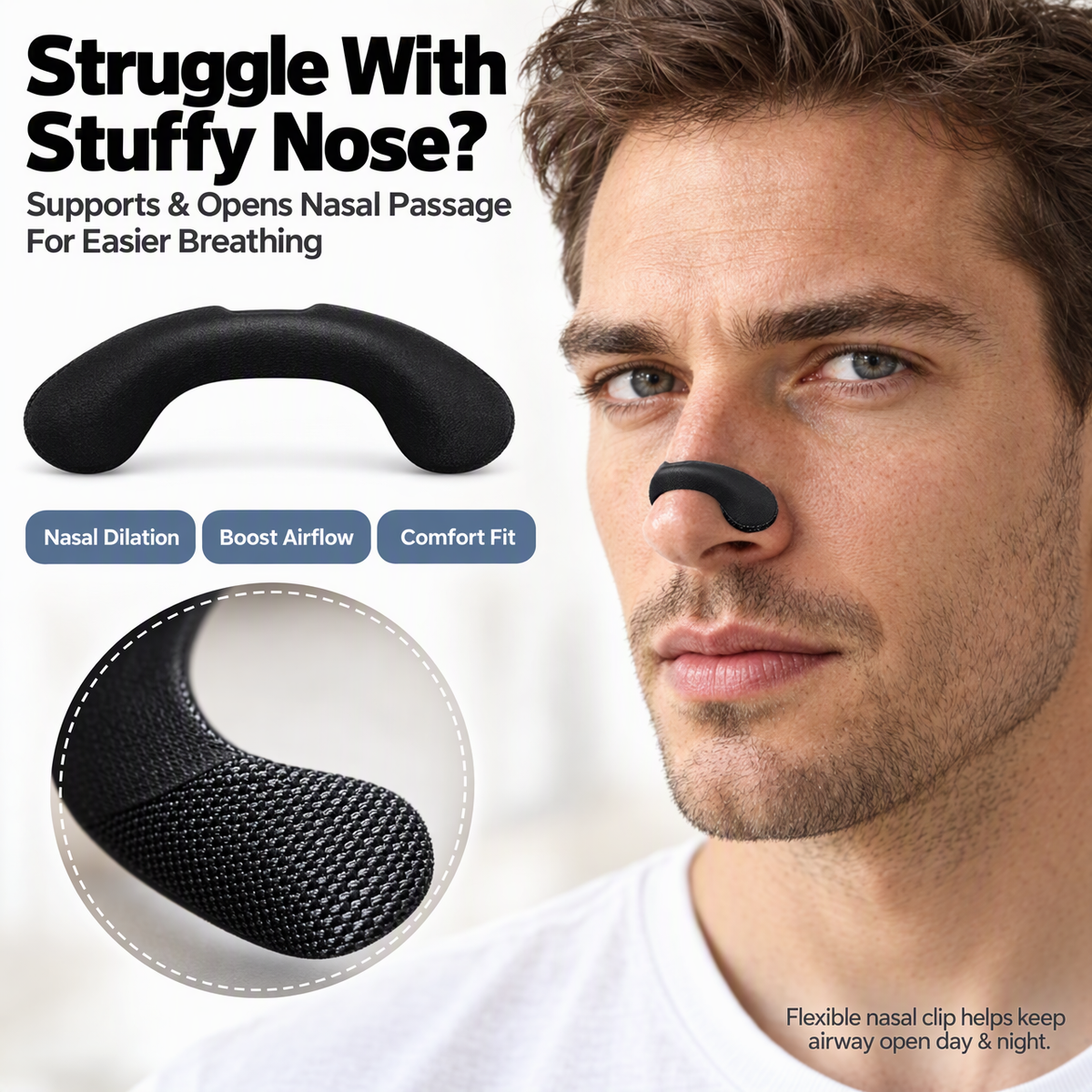Stop Snoring & Breathe Freely | Skin Safe Velcro Nose Dilator Clip for Night Congestion Relief