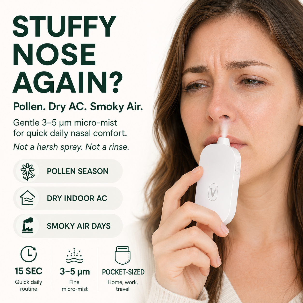 VERIXYLE® French Herbal Nasal Mist Device | Rapid 15-minute relief for nasal congestion, dryness, and itching; portable cold-mist care device for seasonal rhinitis and allergies.