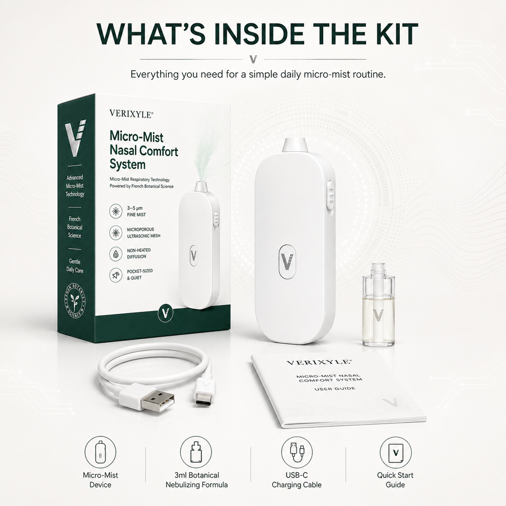 VERIXYLE® Micro-Mist Nasal Comfort System  A soft 3–5μm micro-mist routine for stuffy, dry, or sensitive noses during pollen season, poor air days, and everyday life.