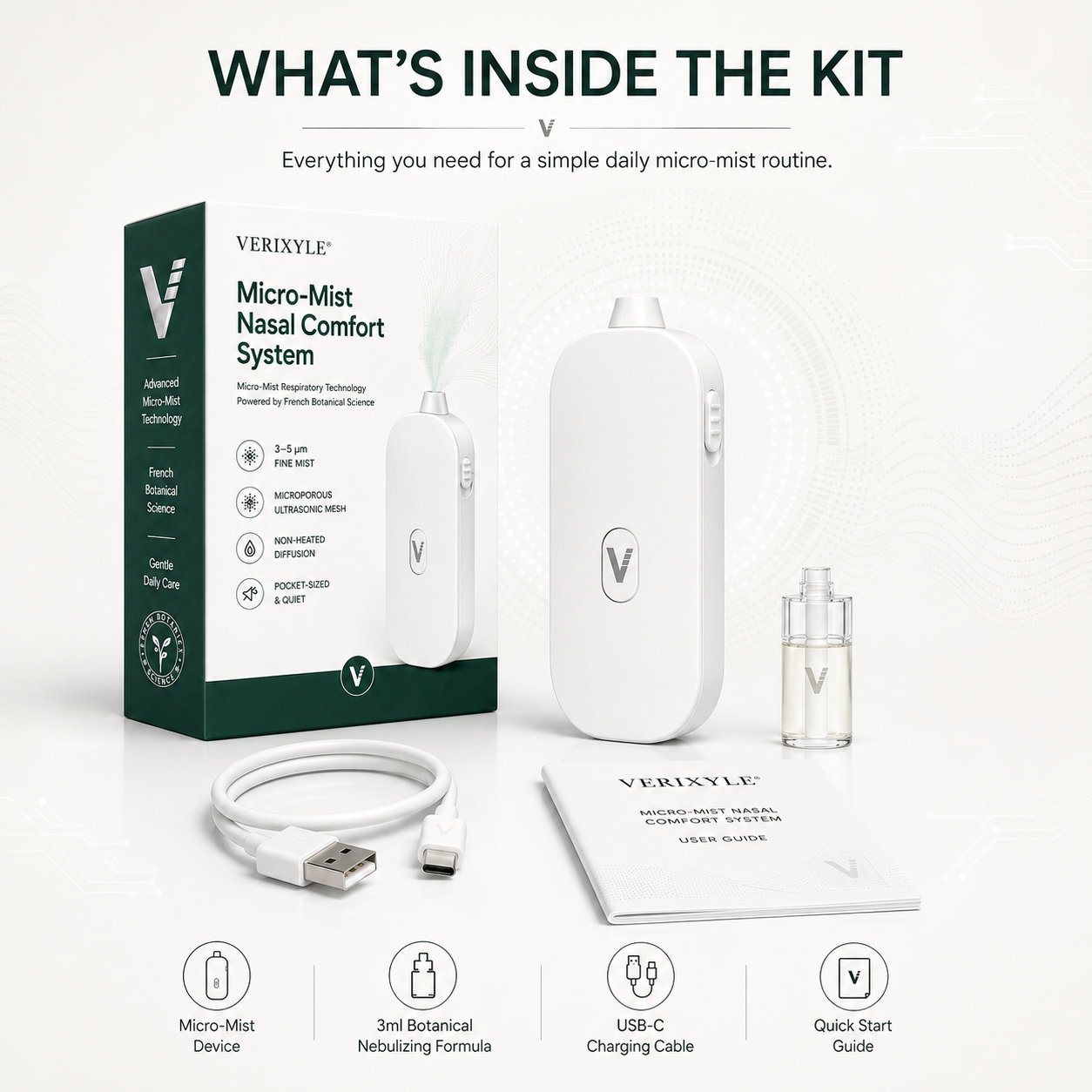 VERIXYLE® Micro-Mist Nasal Comfort System  A soft 3–5μm micro-mist routine for stuffy, dry, or sensitive noses during pollen season, poor air days, and everyday life.